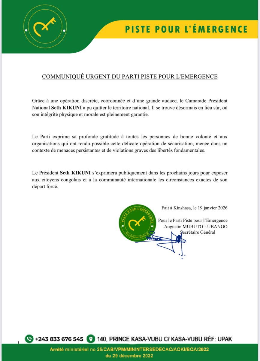 Augustin_MUBUTO's tweet photo. Nous tenons à informer l’opinion nationale et internationale : le President @sethkikuni est désormais hors du territoire national congolais, et il prendra incessamment la parole pour nous éclairer un peu plus sur sa situation. 

La Démocratie Vaincra.
#lepeuplegagnetoujours. https://t.co/lktbBzDhCD