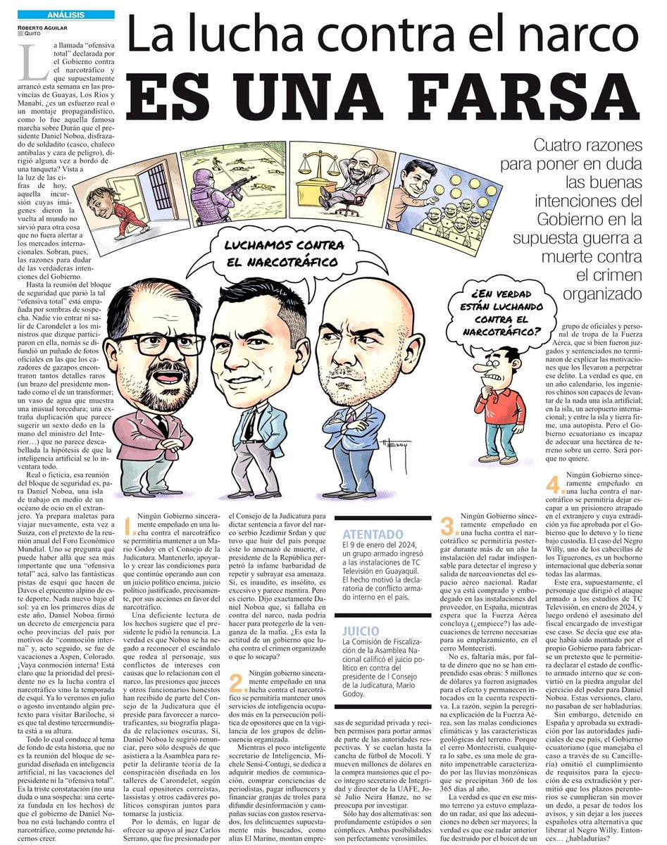 ArduinoTomasi2's tweet image. 1. Blindaje a funcionarios con nexos con el narco (caso Mario Godoy)
2. Inteligencia persigue opositores, no narcos (caso El Marino)
3. Negligencia en control territorial (caso radar en Montecristi)
4. Fracaso en procesos de extradición (caso Negro Willy)

Por @raguilarandrade.