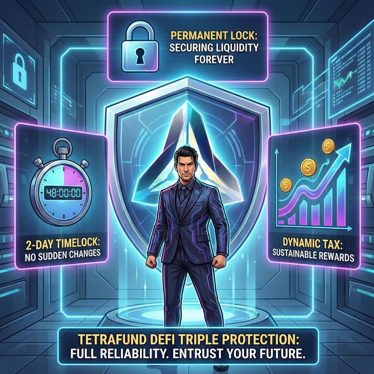 TetraFundToken's tweet photo. 🛡️The triple mechanism for full reliability in decentralized finance.

🔒Permanent Lock,
⏰2-Day Timelock,
💸Dynamic Tax.
✅This triple protection secures every stage of your investment.

💎Entrust your future to the protocol, not just promises.

#TetraFund #TripleProtection #PermanentTrust #ProtocolAssurance