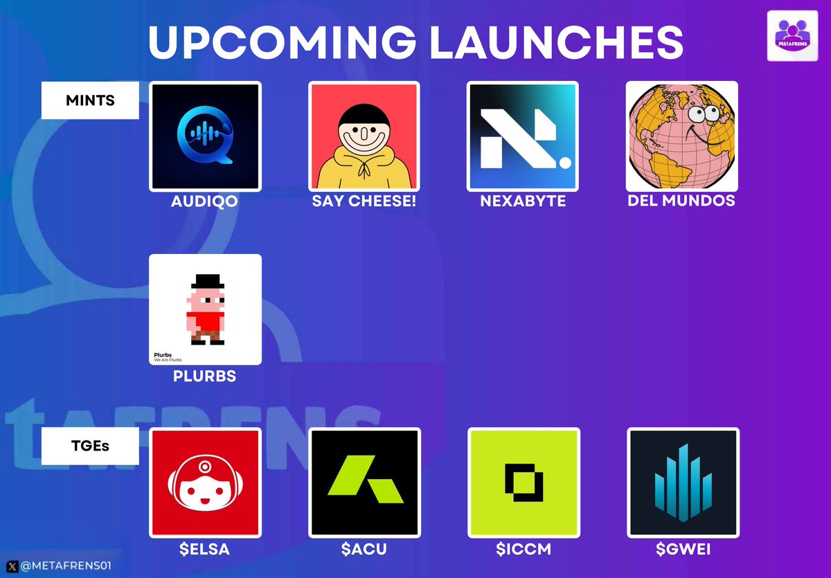 Hello Frens 💜

Here are some interesting mints and token launches we have our eyes on for the week:

➢ AUDIQO <a href="/Audiqo_/">Audiqo</a> 
CHAIN: ETHEREUM 
SUPPLY: 777
MINT PRICE: FREE
MINT DATE: 19TH JANUARY, 3:30PM UTC.

➢ SAY CHEESE! <a href="/lewis_osb/">🙂 lewis 🙃</a>
CHAIN: BASE
SUPPLY: 100
MINT PRICE: 0.01 ETH