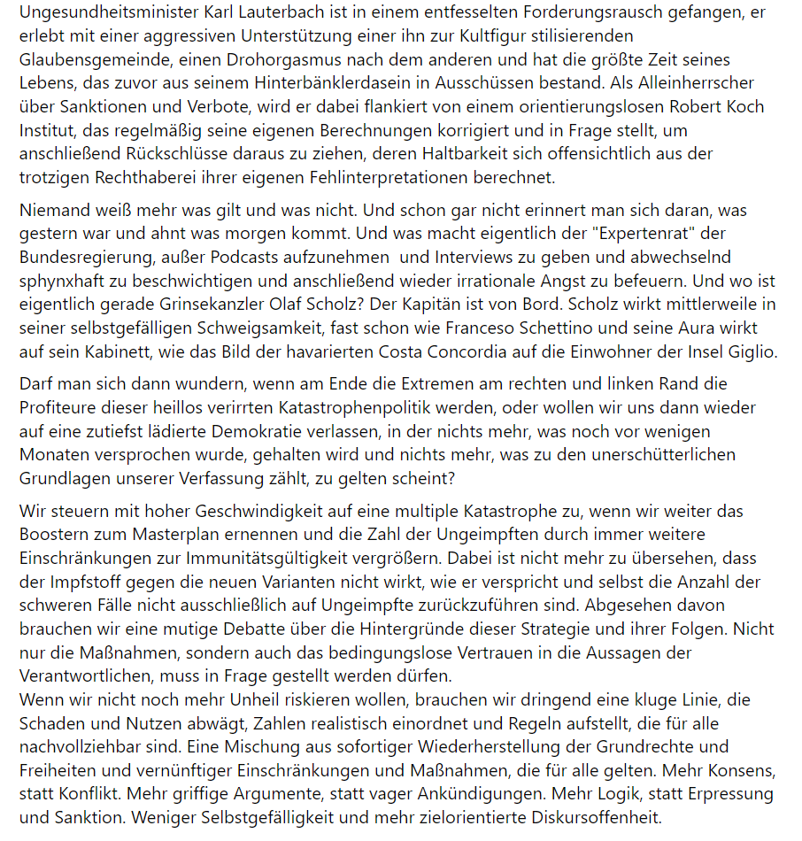 Heute vor 4 Jahren:
Serdar Somuncu positioniert sich mit drastischen Worten klar gegen die deutsche Diskriminierungs- und Pandemiepolitik.
