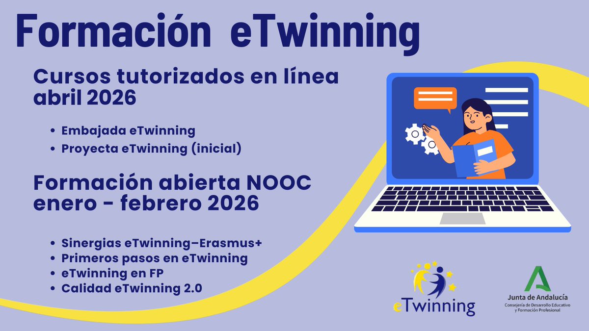 ¿Quieres abrir tu centro al mundo? 🌍 Fórmate en #eTwinning y lleva la colaboración internacional a tu aula. Herramientas clave para el docente del siglo XXI 🔗lajunta.es/68pjz

<a href="/EducaAnd/">Consejería Desarrollo Educativo y FP</a> #PluriAnd #eTwinningAnd <a href="/eTwinning_es/">eTwinning España</a>