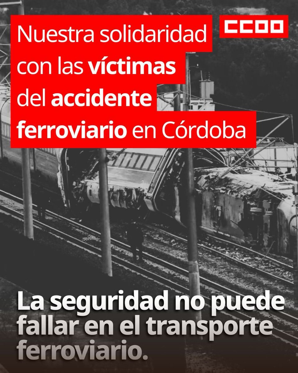 CCOO's tweet image. 🫂Trasladamos nuestro más sincero pésame a las familias y personas allegadas de las víctimas del accidente ferroviario ocurrido en Adamuz, Córdoba.

Nuestro apoyo y solidaridad con todas las personas heridas y con sus familias en estos momentos tan duros.