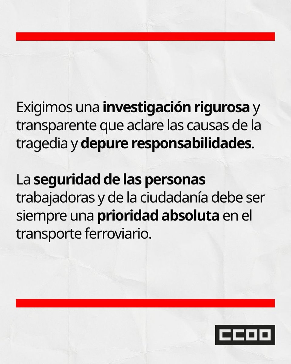 CCOO's tweet image. 🫂Trasladamos nuestro más sincero pésame a las familias y personas allegadas de las víctimas del accidente ferroviario ocurrido en Adamuz, Córdoba.

Nuestro apoyo y solidaridad con todas las personas heridas y con sus familias en estos momentos tan duros.