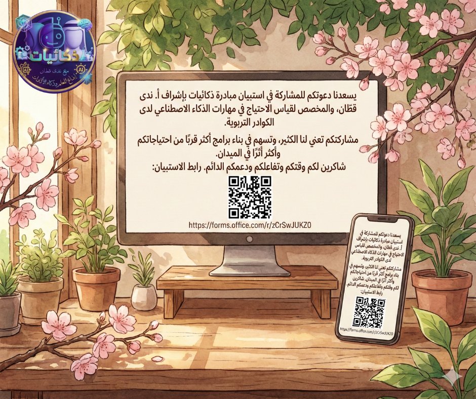 منذ انطلاقة مبادرتنا(الذكاء الاصطناعي في التعليم) منذ عام 2022م  حتى تاريخه ،والتي أسميناها حديثا ب #ذكائيات ، وأنتم شركاء الأثر والدعم في رحلتنا مع الذكاء الاصطناعي التربوي.
مشاركتكم في هذا الاستبيان تعزز رؤيتنا وتوجّه برامجنا لتكون أقرب لاحتياجات الميدان.
رابط الاستبيان: