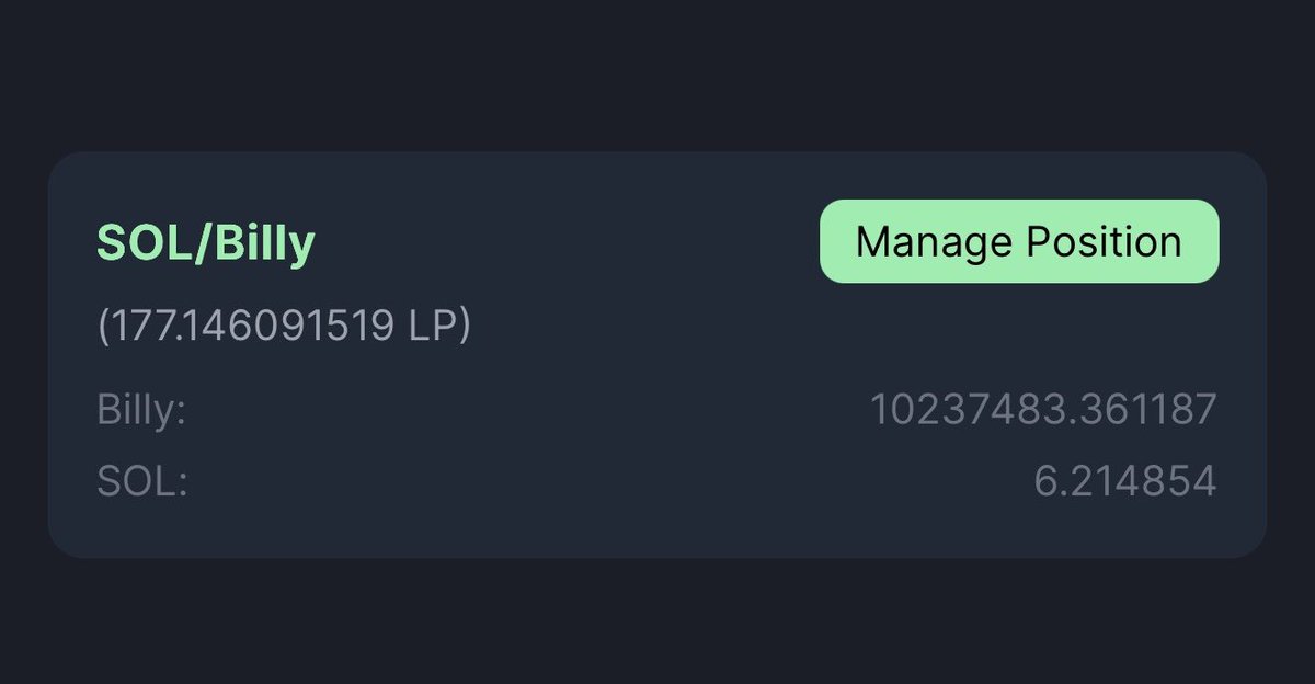 Just added liquidity to the pool.
1.2% $Billy + 6 SOL.
I’m committed and we will build this properly.
I’ll continue adding liquidity when needed.

7Tx3W7ShqawTMFDXkLDRGZ298ez4ZZopwc1BaPwpXBaH

Now let’s take $Billy higher!