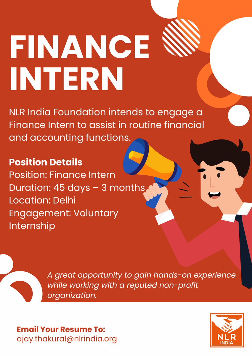 NLRIF_'s tweet photo. NLR India Foundation is inviting applications for a Finance Intern to support routine finance and accounting work.

Duration: 45 days–3 months
Location: Delhi
Type: Voluntary Internship

This is a great opportunity to gain hands-on experience. https://t.co/20SwYALETX