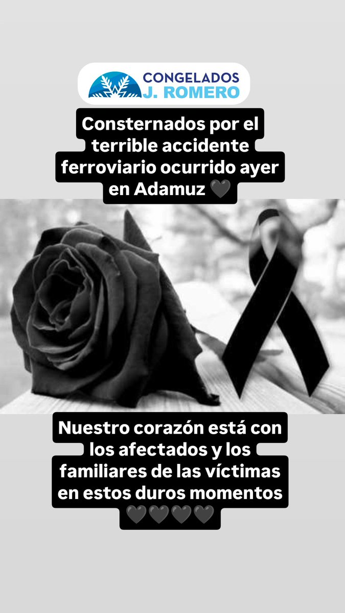 Consternados por el terrible accidente ferroviario ocurrido ayer en Adamuz 🖤.

Nuestro corazón está con los afectados y los familiares de las víctimas en estos duros momentos 🖤.

#cariño #apoyo #terribleaccidente 
#osacompañamosenelsentimiento #congeladosjromero🖤