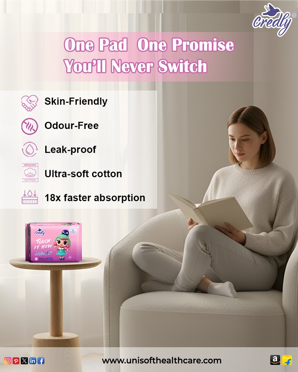 Unisoftcare's tweet image. One pad. One promise. Comfort that stays with you all day 🌸
Soft, leak proof, and made for real comfort. 
#OdourFree #PeriodEssentials #FeminineCare #ComfortFirst #PadYouTrust
#SheFeelsConfident #EverydayComfort