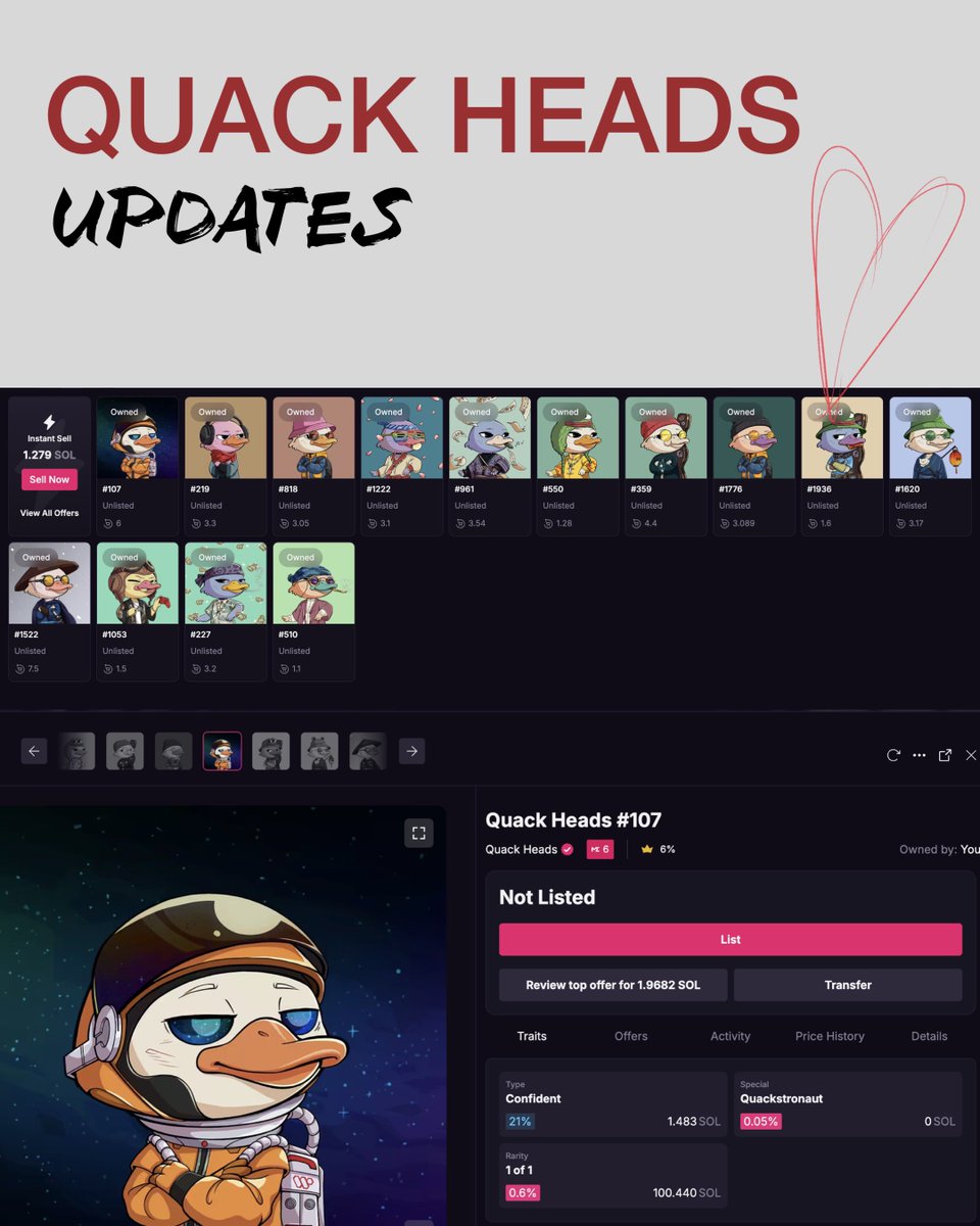 QUACK HEADS QUICK UPDATE 

Wallchain is evolving as well as infofi

I went up to 18 QH last days, but I’m back to 14. This time with another 1/1

🔺1/1 = 2
🔴Mythic = 2 
🟡Legendary = 2 
🟣Epic = 4
🔵Rare = 4

Don’t ask me what am I doing, don’t have a clear answer 😂