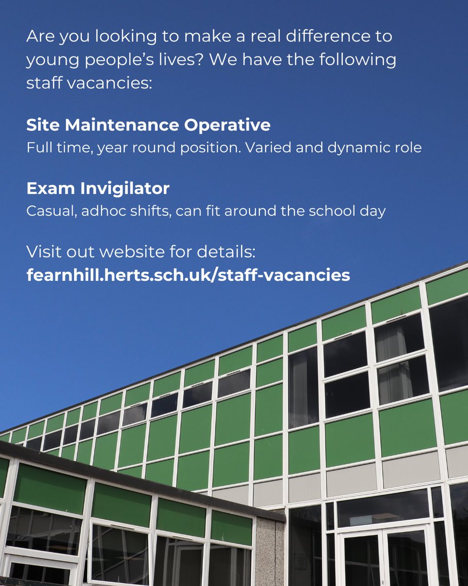 We're recruiting for a School Maintenance Operative to support the smooth running of the school, and an Exam Invigilator to oversee important GCSE and A Level exams. To apply for either of these roles please visit our website.

#localjobs #letchworthgardencity #fearnhillschool