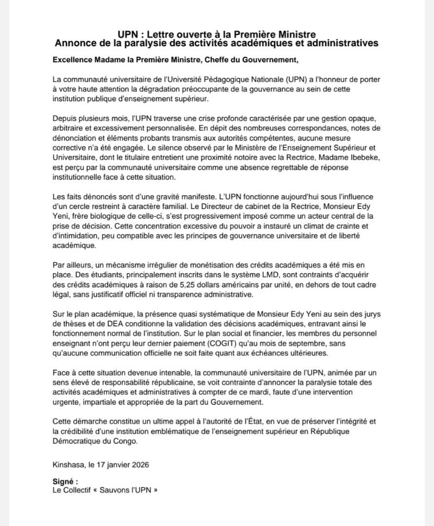 YvesBuya1's tweet image. #RDC #UPN : la tension monte à la veille de la reprise des activités académiques
À la veille de la reprise officielle des activités académiques, l’Université Pédagogique Nationale (UPN) est plongée dans un climat de forte tension. Le collectif « Sauvons l’UPN » annonce une