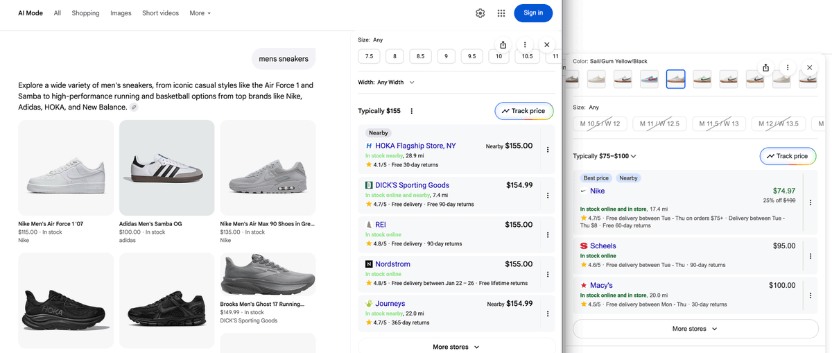 rustybrick's tweet photo. Google AI Mode showing lighter font colors for product pricing and inventory https://t.co/lKc2MQXzmk via @SERPalerts https://t.co/AzJ8r99tZg