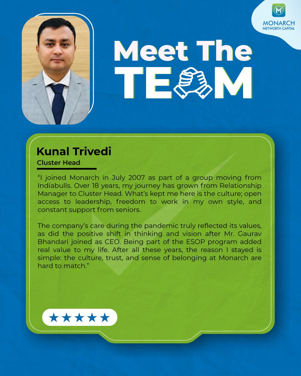 mnclgroup's tweet photo. From Relationship Manager to Cluster Head; Kunal Trivedi celebrates 18+ years at Monarch Networth Capital!
"The culture, trust, and sense of belonging here are hard to match."
Proud to foster a space where leadership and growth go hand-in-hand.
#MeetTheTeam #MonarchNetworth #EmployeeTestimonial #WorkCulture #Leadership #CareerGrowth #LifeAtMonarch #FinancialServices #SuccessStory