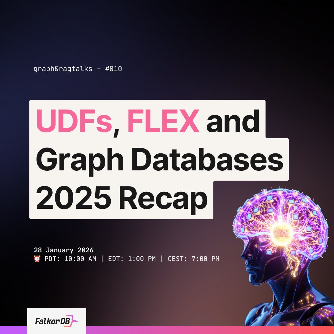 falkordb's tweet photo. Invitation: workshop centered around extending your FalkorDB’s functionality with your own set of functions  (UDFs). We're also covering what 2025 had in store for graphs, GraphRAG,  and more.

What: Hands-on workshop + Q&amp;A.
Wednesday, Jan 28
👉🏻 https://t.co/4XRcGLewHV https://t.co/v7Bk3tqrFJ