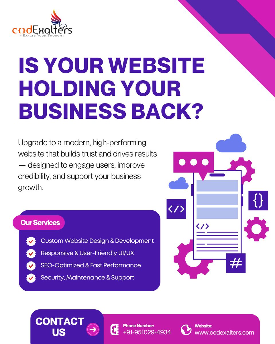 codExalters's tweet photo. Is your website holding your business back? 🚫

A slow or outdated website costs you leads every day.
We build fast, secure &amp; SEO-optimized websites that convert. 🚀

👉 Visit us at https://t.co/NcIhgutckC

#WebDevelopment #BusinessGrowth #Followers https://t.co/jBNIsSmv3N