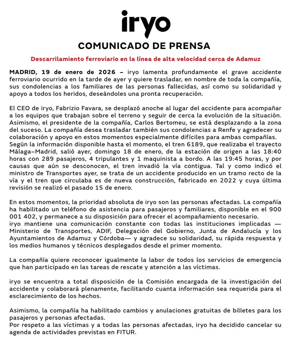 Gusiluz18530458's tweet photo. 1️⃣ Como no tengo palabras que puedan expresar cómo me siento después de lo ocurrido en Ademuz, mejor explico los hechos conocidos hasta ahora.

El servicio de Iryo 06189 Málaga-Madrid (con 289 pasajeros, 4 tripulantes y 1 maquinista a bordo) a cargo del tren 109.012 descarriló https://t.co/g98vgwoSqr
