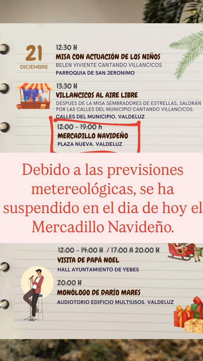🔵AVISO🔵

Debido a las previsiones climatológicas del dia de hoy, se suspende el Mercadillo Navideño.