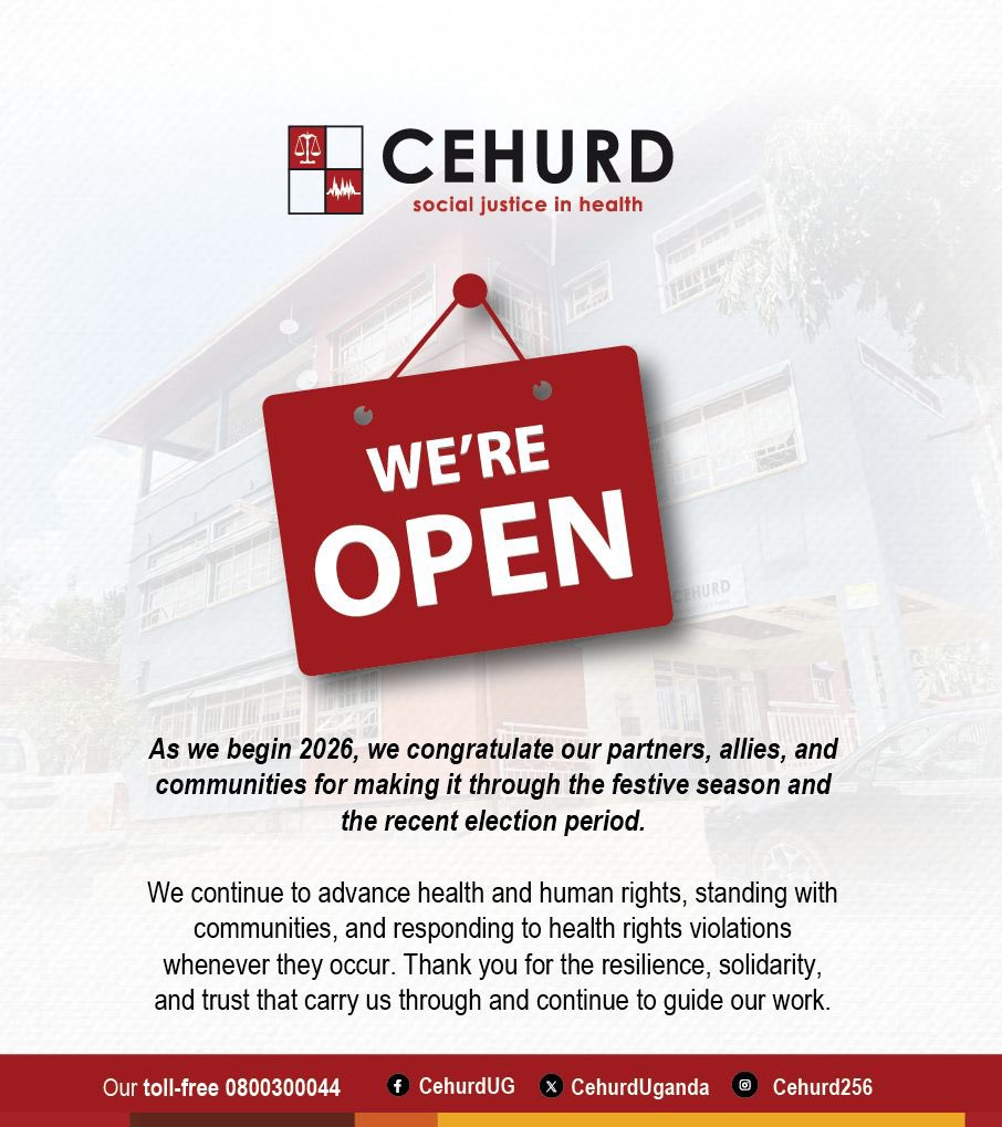 cehurduganda's tweet photo. WE ARE NOW OPEN AND FULLY OPERATIONAL 

As we begin 2026, we congratulate our partners, allies, and communities for making it through the festive season and the recent election period. 

We continue to advance health and human rights, standing with communities, and responding to health rights violations whenever they occur. Thank you for the resilience, solidarity, and trust that carry us through and continue to guide our work.

Should you experience or witness any health or human rights violations, please reach out to us for support, guidance, and referrals. Toll-free line: 0800300044