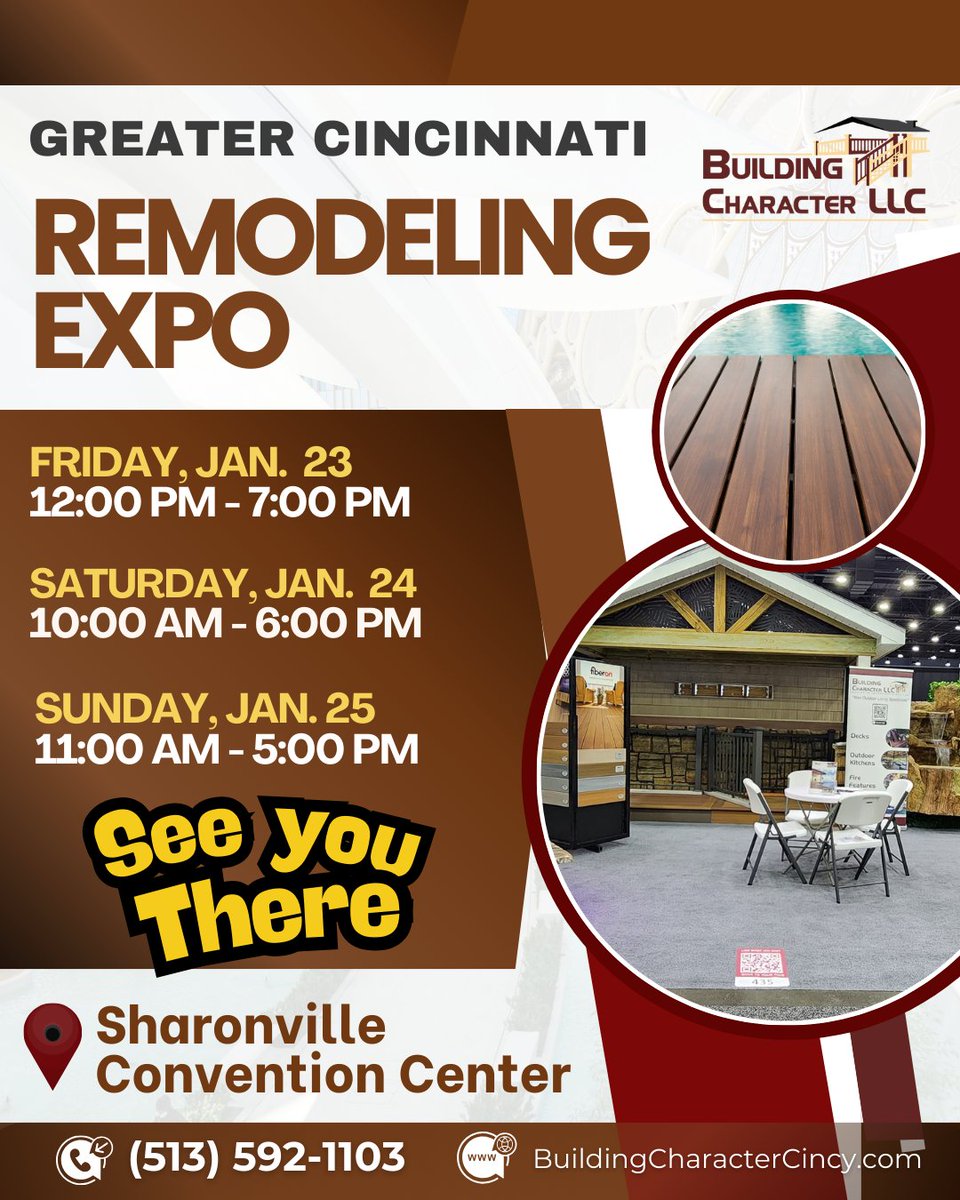 Rodrigu_julia0's tweet image. Join us January 23–25, 2026 at the Sharonville Convention Center and discover how we transform outdoor living with craftsmanship, creativity, and care.
Stop by our booth—we’d love to talk about your next project!

#BuildingCharacterLLC #GreaterCincinnatiRemodelingExpo