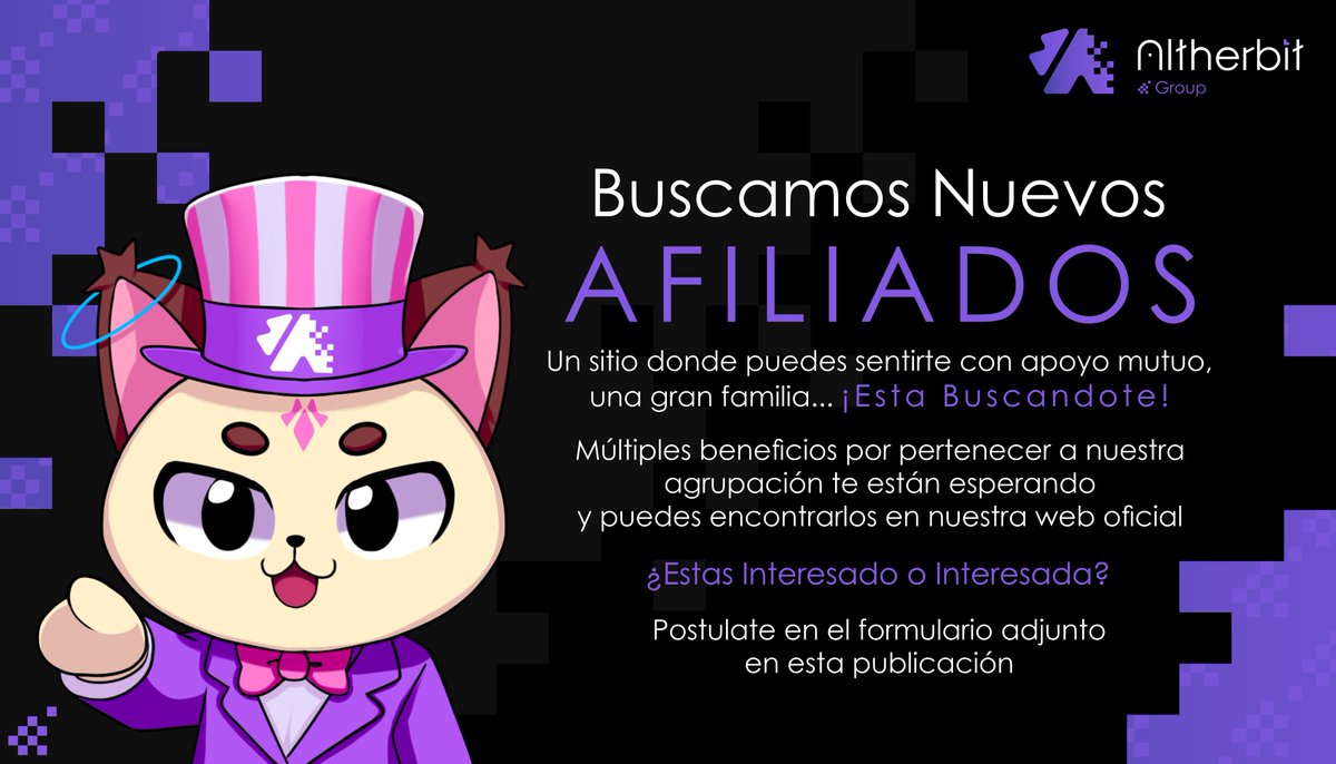 Altherbit Group nuevamente abre sus puertas para nuevos afiliados... ¿Buscas un grupo al cual llamar familia? 

🔹Conoce Nuestros Beneficios: group.altherbit.com 

🔹Formulario para postularte:
forms.gle/x3Dr9KbCGRYsrr…