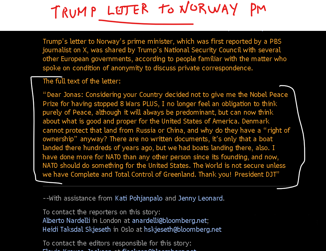 Trump's latest on not winning the Nobel Peace Prize. His letter to