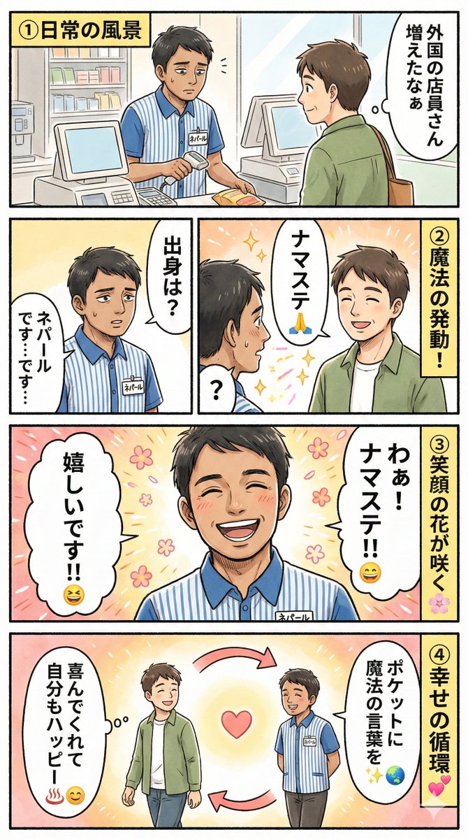 koide19's tweet photo. 【あなたのポケットに、「魔法の言葉」は入っていますか？】
ふらっと入ったコンビニや、居酒屋さん、 最近は、外国人のスタッフさんが本当に増えましたよね！

https://t.co/nOljU5Yupx

#コミュニケーション #国際交流 #魔法の言葉 #挨拶 #ネパール #ベトナム #インドネシア https://t.co/PMcesocx6Q