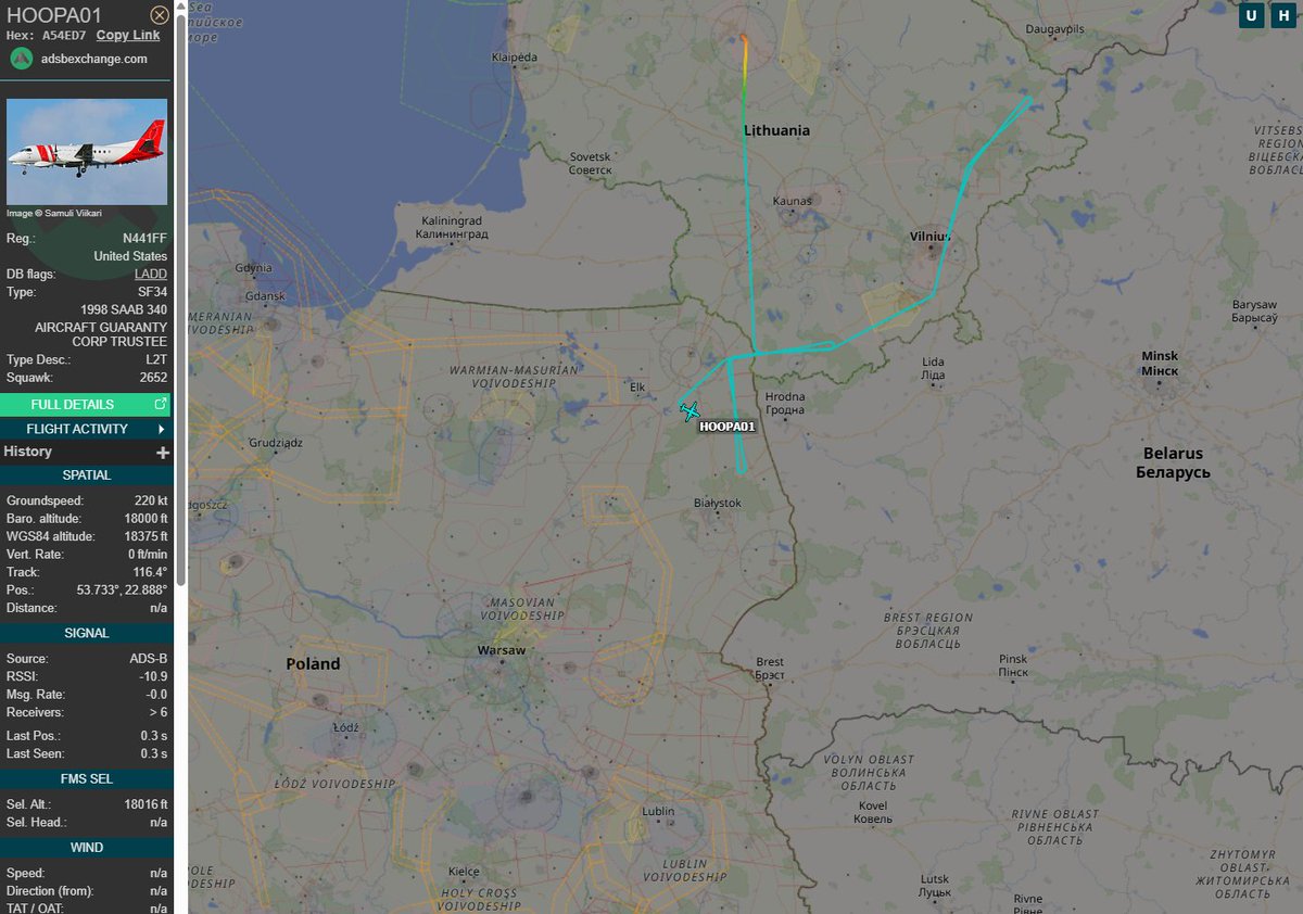 PolishMilRadar's tweet photo. 📅19.01 🕒12:39LT - ✈️ Zwiadowczy Saab 340B+ ISR nad Polską 🇵🇱

Nad woj. podlaskim operuje obecnie samolot zwiadowczy ✈️ #HOOPA01 Saab 340B+ ISR "N441FF" należący do firmy CAE Aviation. Realizuje on misję zwiadowczą/rozpoznawczą na zlecenie jednego z państw NATO, która ukierunkowana jest na obszar Białorusi 🇧🇾. Miejscem jego obecnego stacjonowania jest Baza Lotnicza w Szawlach #EYSA na Litwie 🇱🇹
🔗https://t.co/dWlU5W3mwh

#POLMILRADAR