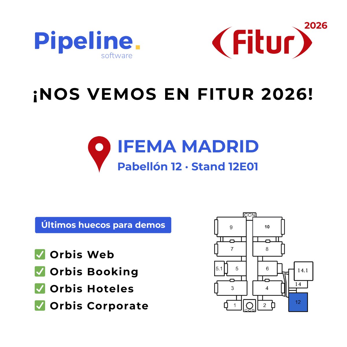 pipelinesoft's tweet photo. 🚀 ¿Tienes agencia de viajes y vas a FITUR 2026?

Pásate por nuestro stand y descubre nuestras soluciones tecnológicas: 
✅Orbis Web · Orbis Booking · Orbis Hoteles · Orbis Corporate

📍IFEMA Madrid — Pabellón 12 · Stand 12E01

🎯 ¿Te reservamos un hueco?  comercial@pipeline.es https://t.co/Xqr7jkWBaj