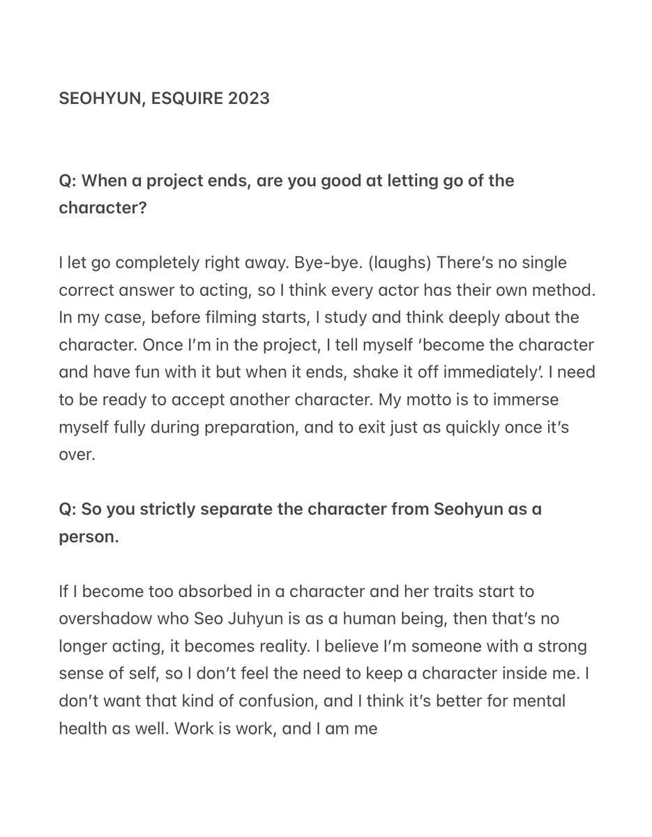 SeohyunPoint's tweet image. Seohyun on letting characters go.

"If her traits overshadow mine it's no longer acting. I’m someone with a strong sense of self, so I don’t need to keep a character inside me. I don’t want that confusion, and I think it’s better for my mental health. Work is work, and I am me."