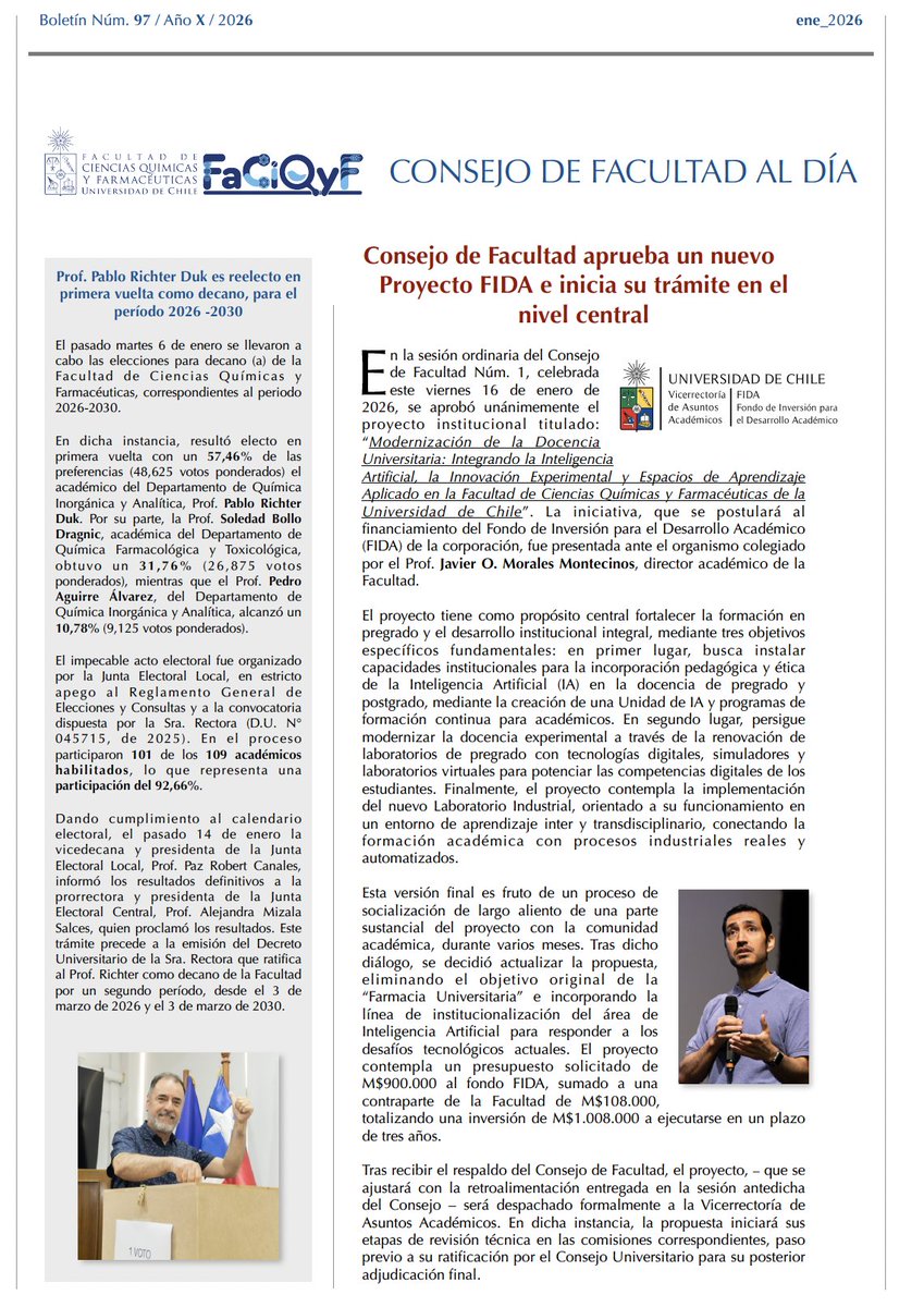 faciqyf's tweet photo. Dejamos  a disposición de la comunidad universitaria el Boletín "Consejo de Facultad al Día" Nº97 @QuimicaUdeChile @uchile
https://t.co/WKoCeZC1Vk https://t.co/r0sbc8m5hc