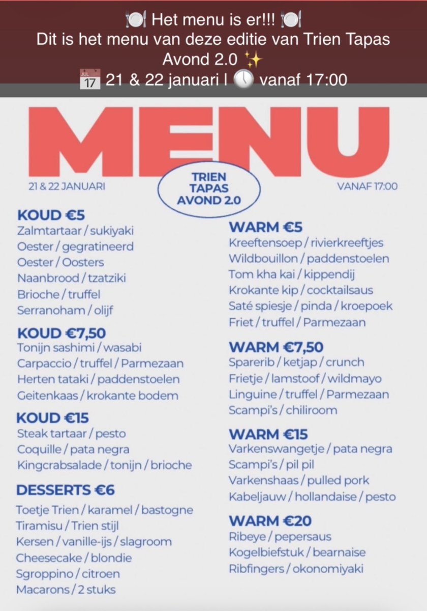 🍷✨ Heb jij je tafel voor de tapasavond al gereserveerd? ✨🍷

Op 21 en 22 januari is het weer zover!
Geniet van heerlijke tapas, een gezellige sfeer en een avond vol smaak.

👉 Reserveer op tijd, want vol = vol!

#tapas #tapasavond #dining #restaurant #foodlover