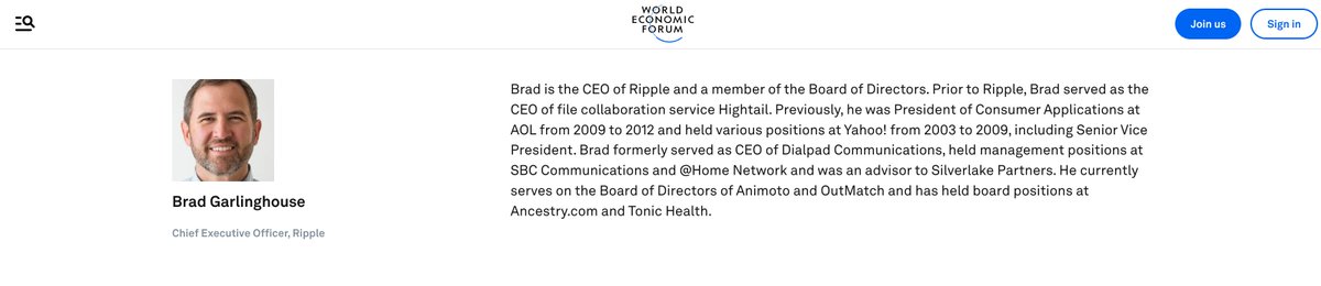 RippleXity's tweet image. 🚨 JUST IN: The World Economic Forum has published a full dedicated profile page for @bgarlinghouse — a clear signal he’s now part of the global economic leadership conversation.