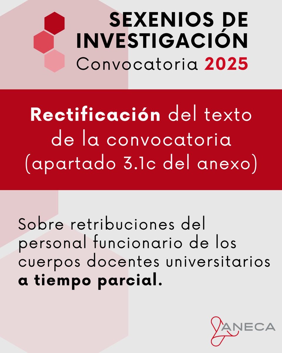 📢 ANECA y la Secretaría General de Universidades han publicado la Resolución de 16/01/2026 para corregir el último inciso del apartado 3.1.c del Anexo de bases específicas
📢 Sobre prof. funcionario a tiempo parcial
📢 Enviado a BOE para su publicación: aneca.es/web/guest/-/20…