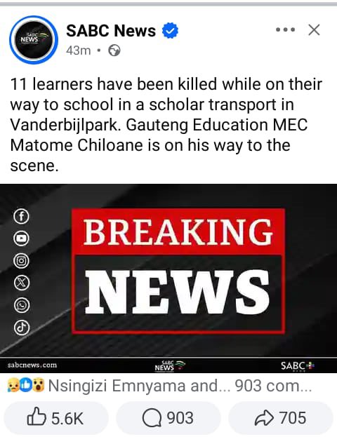 Education shouldn’t be a risk. 11 teens killed in Vanderbijlpark. The system must act now. #mkteensinaction <a href="/DBE_SA/">Dep. Basic Education</a>