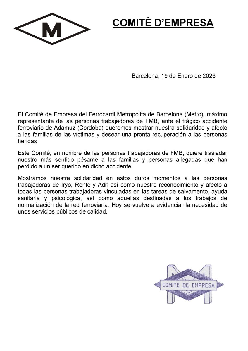 Ante el accidente ferroviario de Adamuz:
Queremos mostrar nuestra solidaridad y afecto a las familias de las víctimas y desear una pronta recuperación a las personas heridas.