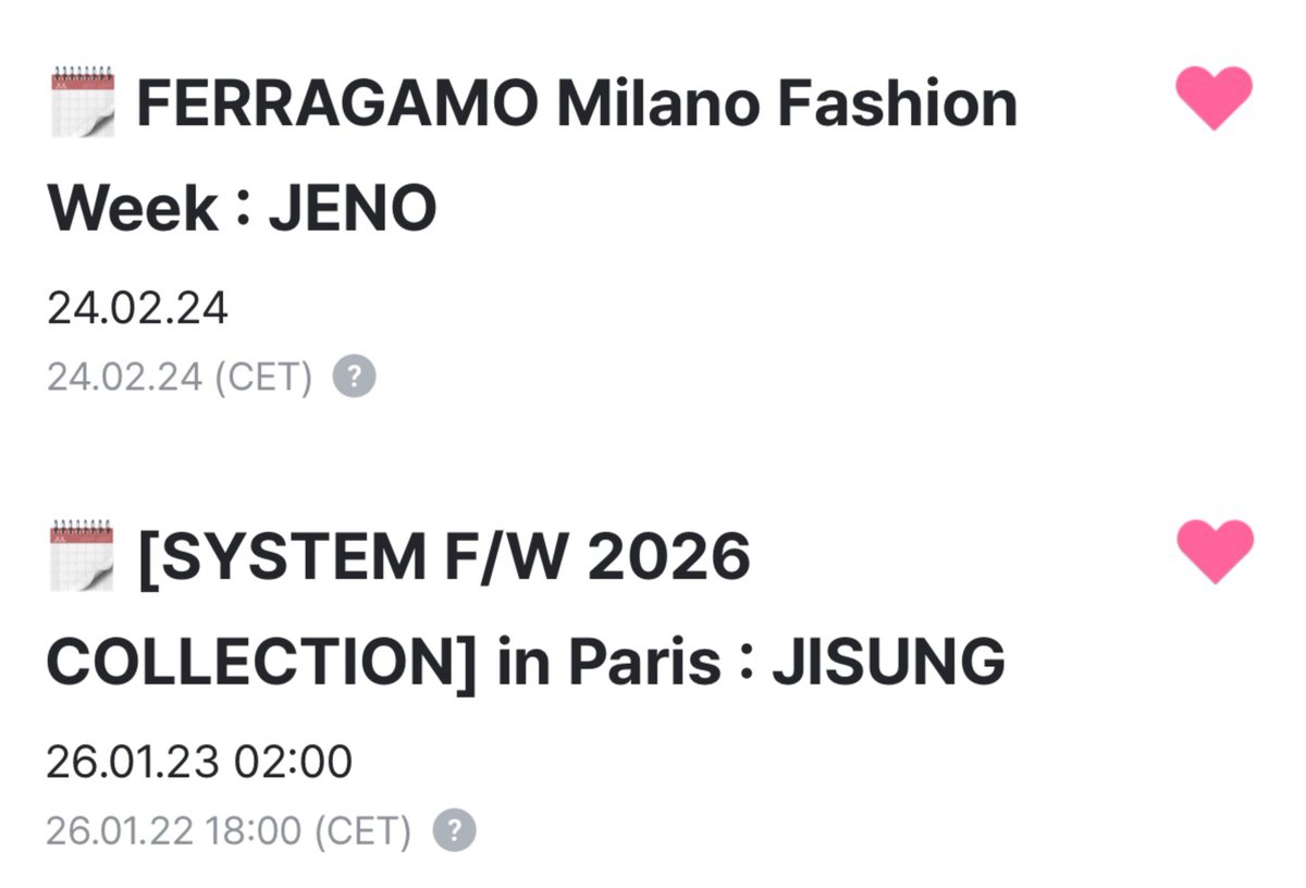 제노 밀라노 패션위크에 이어서 지성이가 파리 패션위크를 간다고요…
내 사이지엄이 패션위크를 둘다🥹…
아우 기특해 최고야 🫳🫳

240224
FERRAGAMO Milano Fashion Week : JENO

260123
[SYSTEM F/W 2026 COLLECTION] in Paris : JISUNG