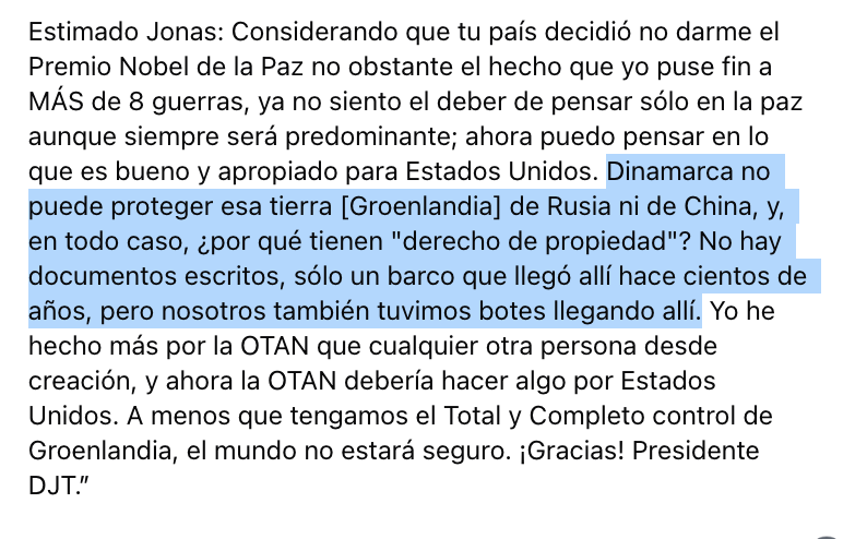 Paz_ZarateB's tweet photo. 🇺🇸Mensaje de Donald Trump al Primer Ministro de Noruega dice que no haber recibido el Nobel de la Paz justifica arrebatarle Groenlandia a Dinamarca.
Texto denota razonamiento infantil y absurdo, tal como han comentado generales del Ejército de EEUU (filtrando esto a la prensa).