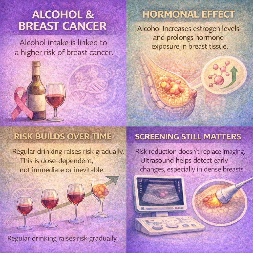 HercareScans's tweet image. Alcohol doesn’t cause breast cancer overnight.

It gradually raises estrogen levels and increases risk over time.

That’s why awareness and regular screening matter.

#BreastCancer #Alcohol #BreastScan #Ultrasound #Bengaluru