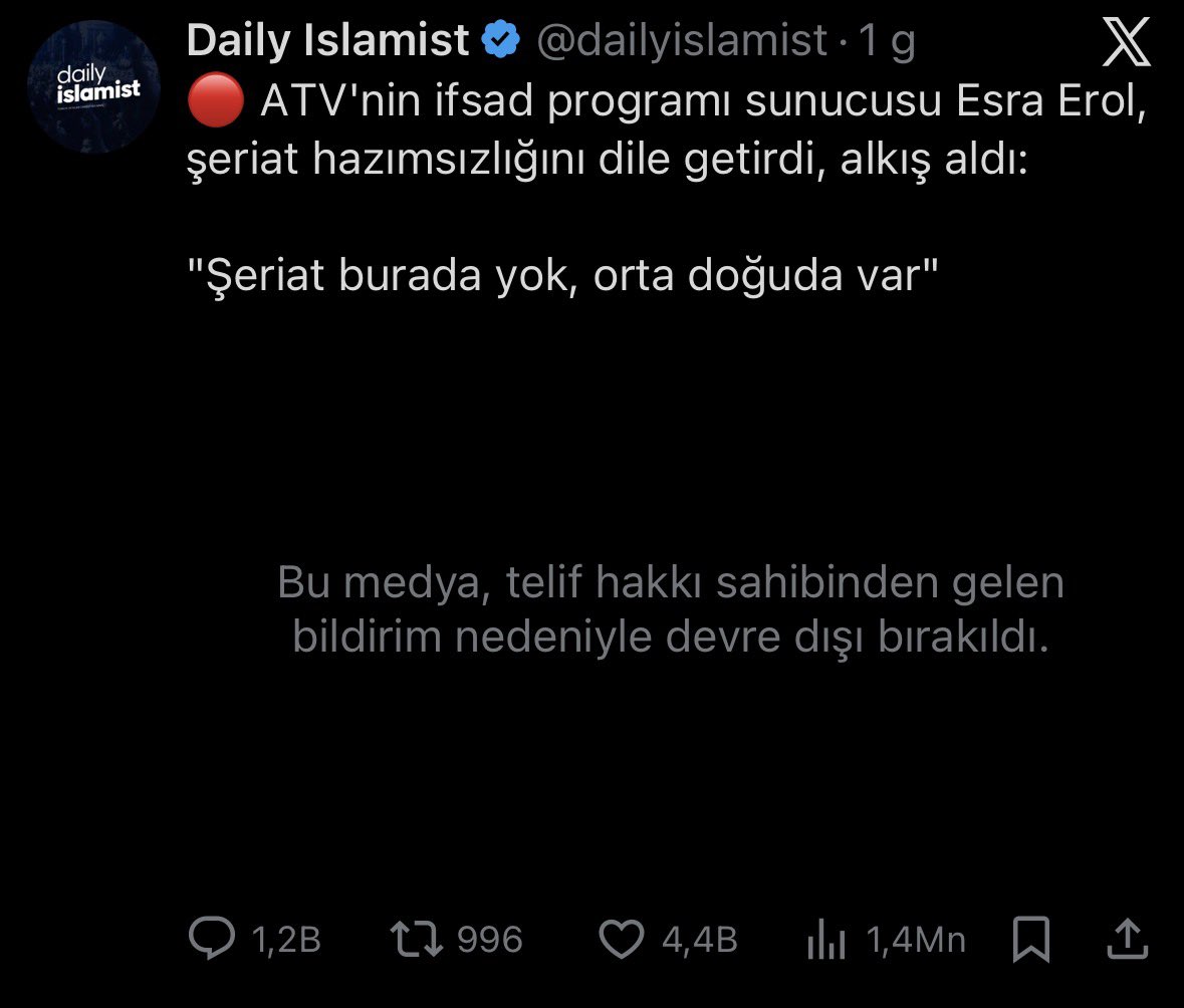 🔴 ATV’nin sahibi Turkuvaz Medya, Esra Erol’un şeriatı hedef aldığı videolara telif atıp paylaşımları kaldırıyor.

- Yüzlerce paylaşım telif sebebiyle kaldırıldı.
