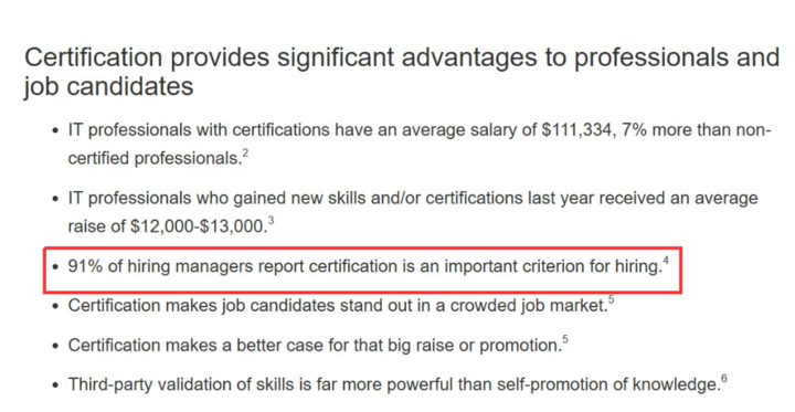 Yess, sertifikasi itu penting buat validasi skill yg dipunya.
Data dari certiport bilang: 91% hiring manager prefer milih kandidat yg punya sertifikasi.

Punya sertifikasi apalagi sertifikasi internasional itu bisa jadi short-cut buat dapetin kerjaan/opportunity yg lebih baik.