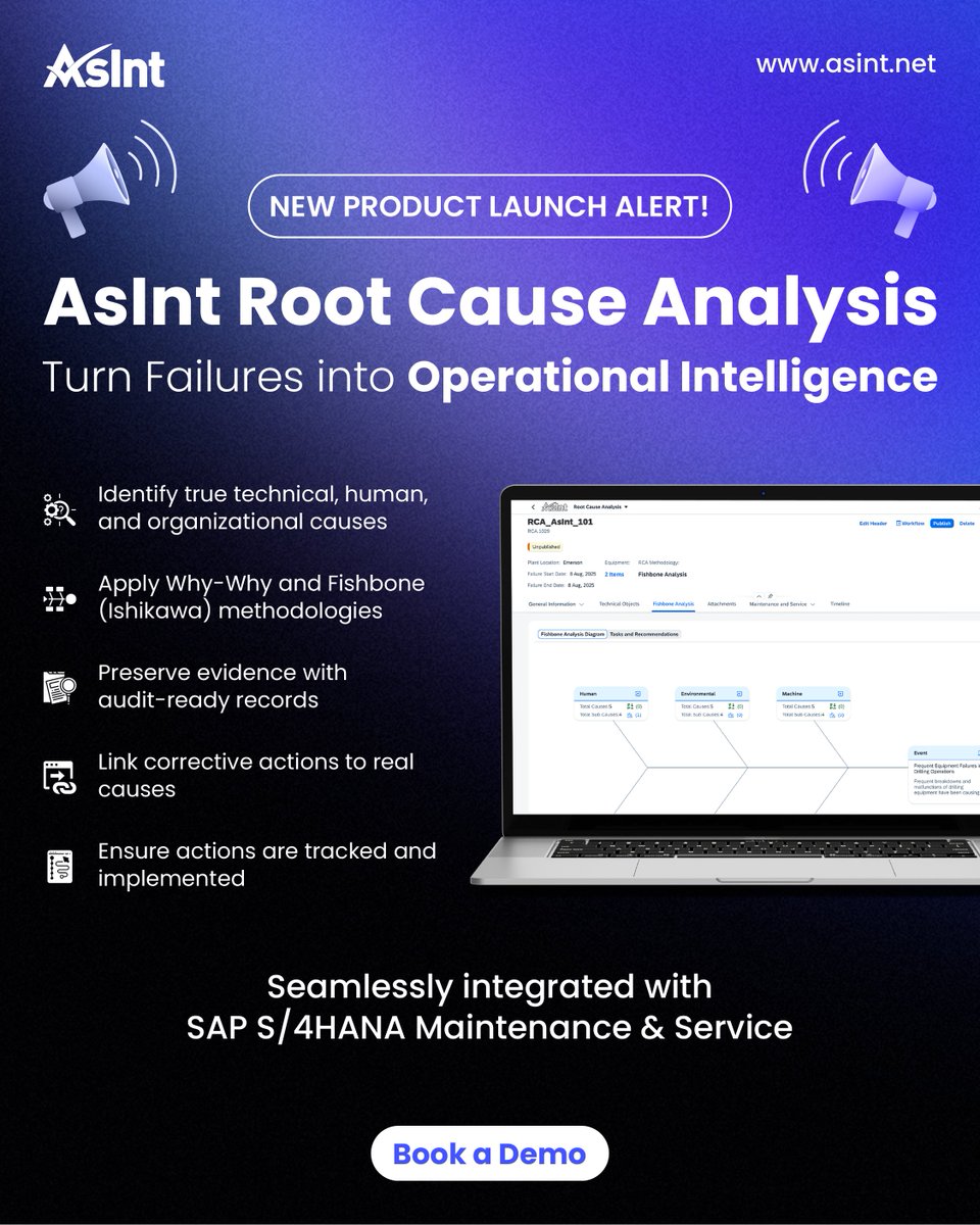 AsIntInc's tweet photo. Failures don’t repeat because teams don’t act.
They repeat because the real cause was never found.

Meet AsInt, Inc. RCA built to uncover systemic causes, not symptoms, with direct SAP S/4HANA integration.Fix once. Prevent forever.👉 https://t.co/HoAh5X3k0w

#RCA #Reliability https://t.co/pLh4LAju55