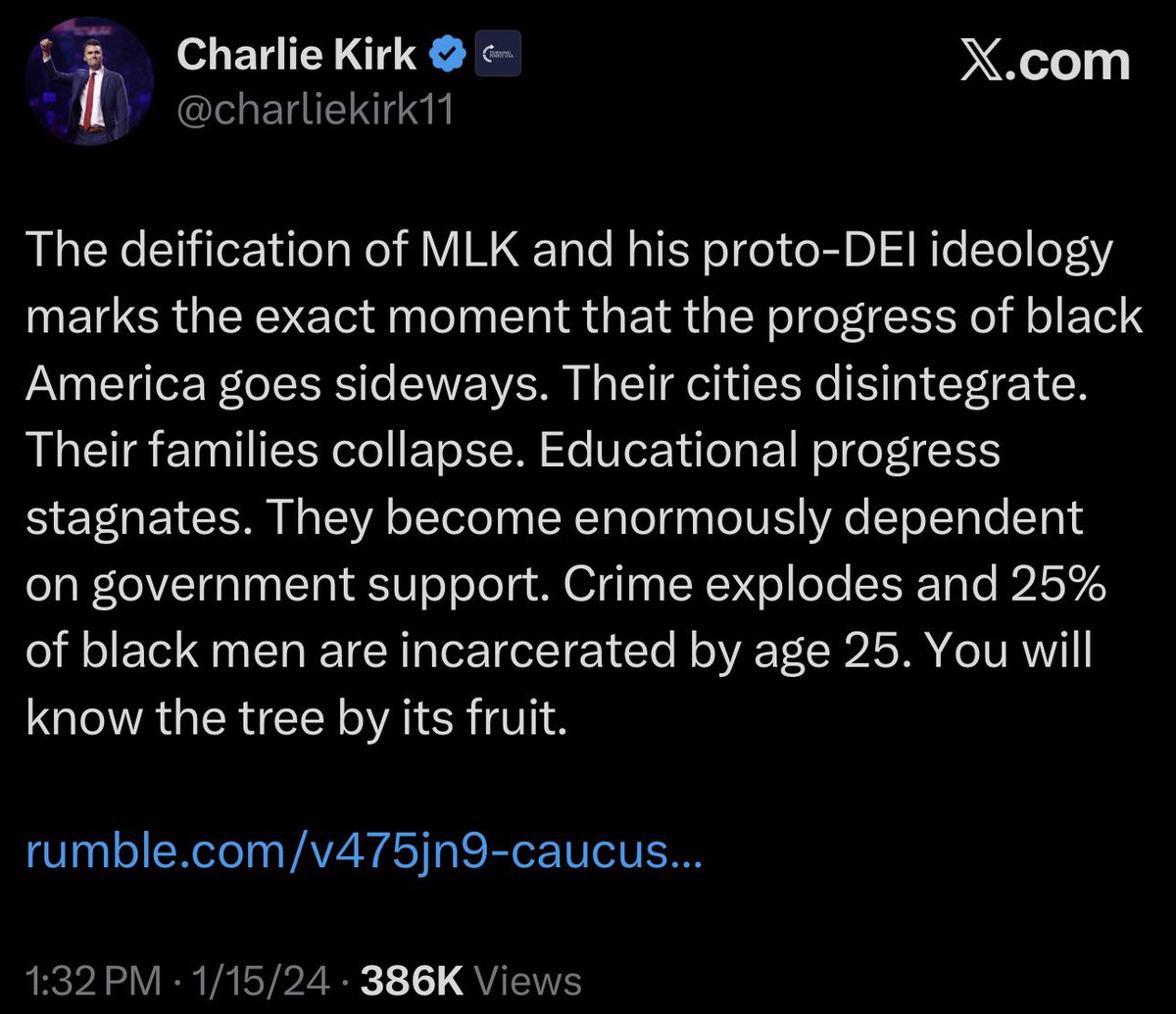 RonFilipkowski's tweet image. This was the day that Charlie would do his podcasts about how black people had it so good until MLK ruined everything with the civil rights movement.