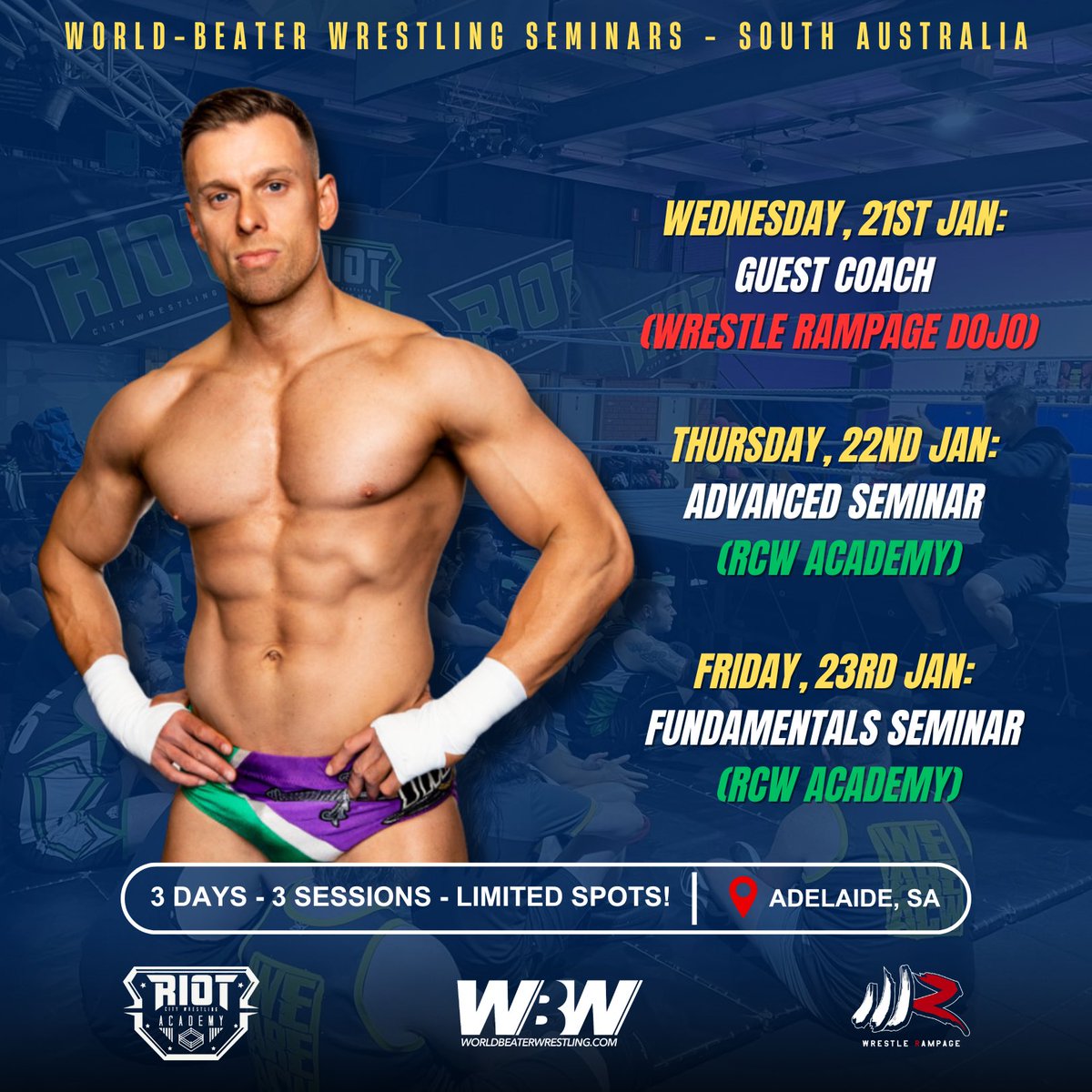 DamianSlater's tweet photo. Back in Adelaide this week. Thanks to Riot City &amp; Wrestle Rampage.

𝐖𝐞𝐝𝐧𝐞𝐬𝐝𝐚𝐲, 𝟐𝟏𝐬𝐭 𝐉𝐚𝐧: Wrestle Rampage

𝐓𝐡𝐮𝐫𝐬𝐝𝐚𝐲, 𝟐𝟐𝐧𝐝 𝐉𝐚𝐧: Advanced @ RCW

𝐅𝐫𝐢𝐝𝐚𝐲, 𝟐𝟑𝐫𝐝 𝐉𝐚𝐧: Fundamentals @ RCW

Capped at 20 per class &amp; pretty much full. Get in quick. https://t.co/a4wZnNShFZ