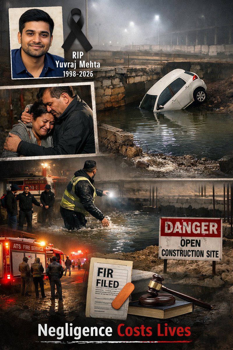 Jai_Shree_Ram_G's tweet photo. Death in the Fog: Yuvraj Mehta and the Cost of Administrative Negligence

Some deaths are accidents. Others are indictments.
The death of 27‑year‑old software engineer Yuvraj Mehta on a fog‑choked January night in Noida was not merely the result of a skid on a dark road — it was the tragic verdict of administrative neglect, broken urban planning, and a rescue system that arrived too late, too slow, and too unprepared.
When a young man can drown alive for hours in the heart of a modern city while police stations, fire tenders and development authorities exist only on paper, the tragedy ceases to be personal. It becomes institutional. It becomes political. It becomes a question of how much a human life truly matters in India’s urban expansion story.

This article establishes that the death of Yuvraj Mehta was not an unavoidable accident but the direct consequence of long‑standing infrastructural negligence, regulatory failure, and an unprepared emergency response system — exposing a dangerous gap between India’s urban ambitions and its commitment to protect human life.

The Night That Should Have Ended at Home

On the night of January 16, 2026, Yuvraj Mehta was returning home from Gurugram to his residence in Sector 150, Noida. The city was wrapped in dense winter fog — visibility reduced to near zero.

At a sharp 90‑degree turn, without reflectors, warning signs or barricades, his car skidded. The vehicle crashed through a low, broken boundary wall and plunged directly into a 20–30 foot deep, water‑filled pit — the abandoned basement of a proposed mall project.

There was no barrier.
No lighting.
No signage.
Only darkness and a death trap waiting silently on a public road.

The Autopsy — Proof That Time Was Stolen
The post‑mortem report delivered the most disturbing truth.
Cause of death: Asphyxiation and heart failure
Lungs congested with water and mud

Evidence that Yuvraj was alive for a prolonged period after the plunge

He did not die instantly.

He struggled.
He breathed water.
He fought for survival in freezing, muddy water — while help was slow, hesitant, and tragically absent.

His father reached the site while his son was still calling for help.

That fact alone converts this tragedy into an unpardonable failure.

Section III: The Death Trap That Everyone Knew About

The pit into which Yuvraj fell was not a sudden hazard.
It was:
An unfinished mall basement

Abandoned for over two years

Filled with water

Located beside an active public road

Residents had repeatedly warned authorities:

No barricades

No reflectors

No lighting

Crumbling boundary wall

Complaints were filed.
Letters were written.
Warnings were issued.

Nothing was done.

This was not ignorance. This was deliberate administrative indifference.

The Rescue That Never Truly Began

Eyewitness accounts and family testimony reveal a rescue operation in name only.

Police arrived late

Fire department lacked diving gear and safety equipment
Rescue attempts were delayed for hours in freezing water
Officials reportedly hesitated due to:

Lack of equipment

Personal safety concerns

Poor coordination

While trained teams hesitated, a delivery agent named Moninder entered the freezing pit himself — without gear, without training, driven only by human instinct.

This contrast is devastating:

A citizen acted with courage.
The system acted with caution.
And a life was lost between them.

Legal Action — But Will Responsibility Survive?

An FIR has been registered against:

Wiztown Planners Pvt Ltd

Lotus Greens Construction Pvt Ltd

Charges include:

Culpable homicide not amounting to murder

Criminal negligence

But the chain of responsibility is far longer:
Development Authority that allowed an open pit beside a highway
Municipal engineers who cleared unsafe layouts

Traffic authorities who failed to mark a lethal turn

Emergency services unprepared for urban rescues

If only developers are punished, the system will escape once again.

Section VI: Humanity and Inclusion — The Real Collapse

This tragedy exposes two deep failures.

1. The Humanity Gap

A modern city could not protect one man from drowning in plain sight.

When rescue teams hesitate longer than a civilian acts, humanity is no longer institutional — it is accidental.

2. The Inclusion Failure in Urban Planning

So‑called “world‑class sectors” often include:

Glass towers

Luxury flats

Smart marketing

But exclude:

Street lighting

Barricades

Reflectors

Emergency access

True inclusion means:

Roads safe in fog, rain and night

Infrastructure built for worst conditions, not ideal brochures

Listening to residents before bodies fall

Yuvraj died not because the city was modern — but because it was careless.

Section VII: The Larger Warning for Urban India

Noida is not unique.

Across India:

Open drains beside highways

Unbarricaded construction pits

Missing reflectors

Untrained emergency teams

As cities expand faster than governance, the number of invisible death traps multiplies.

Today it was Yuvraj. Tomorrow it could be anyone driving home in fog.

Conclusion: A Life That Demands Accountability

Yuvraj Mehta did not die because of fog.
He died because warnings were ignored.
Because safety was postponed.
Because rescue was unprepared.
Because responsibility was scattered.

If this death ends only with compensation and one FIR, then the system will quietly prepare for its next victim.

Justice here is not punishment alone. Justice is redesigning cities where no human being can disappear into an open pit in the capital of a rising economy.

This tragedy is not over when headlines fade.

Either we treat Yuvraj Mehta’s death as an unfortunate accident —
or we demand a city where roads do not kill and rescue does not arrive too late.

Ask your authority:

Where are the barricades?

Where are the reflectors?

Where is the accountability?

Because tomorrow night, in fog and silence,
the next life could be closer than we think.