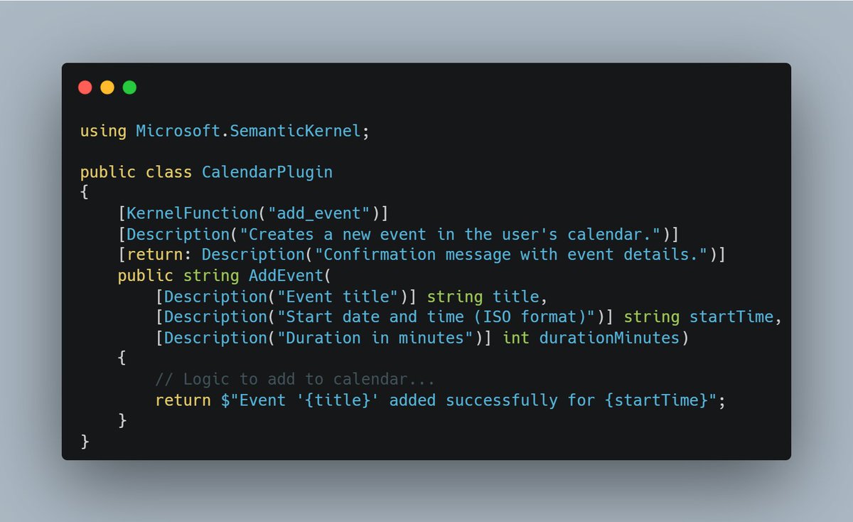 BassamMDev's tweet photo. Today I learned about native plugins in Semantic Kernel 🎉

If you're building intelligent agents in .NET, SK plugins are hands-down one of the most powerful features in the Semantic Kernel SDK.

They let you:
• Package your custom logic, database ops, external APIs, or business rules into neat, reusable units
• Expose them to the LLM through function calling
• Allow the model to decide *when* and *how* to use your code.

The real game-changer? Automatic function invocation.
The AI can now chain and call your plugins on its own based on what the user asks.  
Suddenly your agent goes from "chatbot that sometimes works" → "actually useful intelligent assistant" ✨

After playing with Sementic kernal and Plugins, I find it very smooth to build production-ready, agentic AI in .NET.