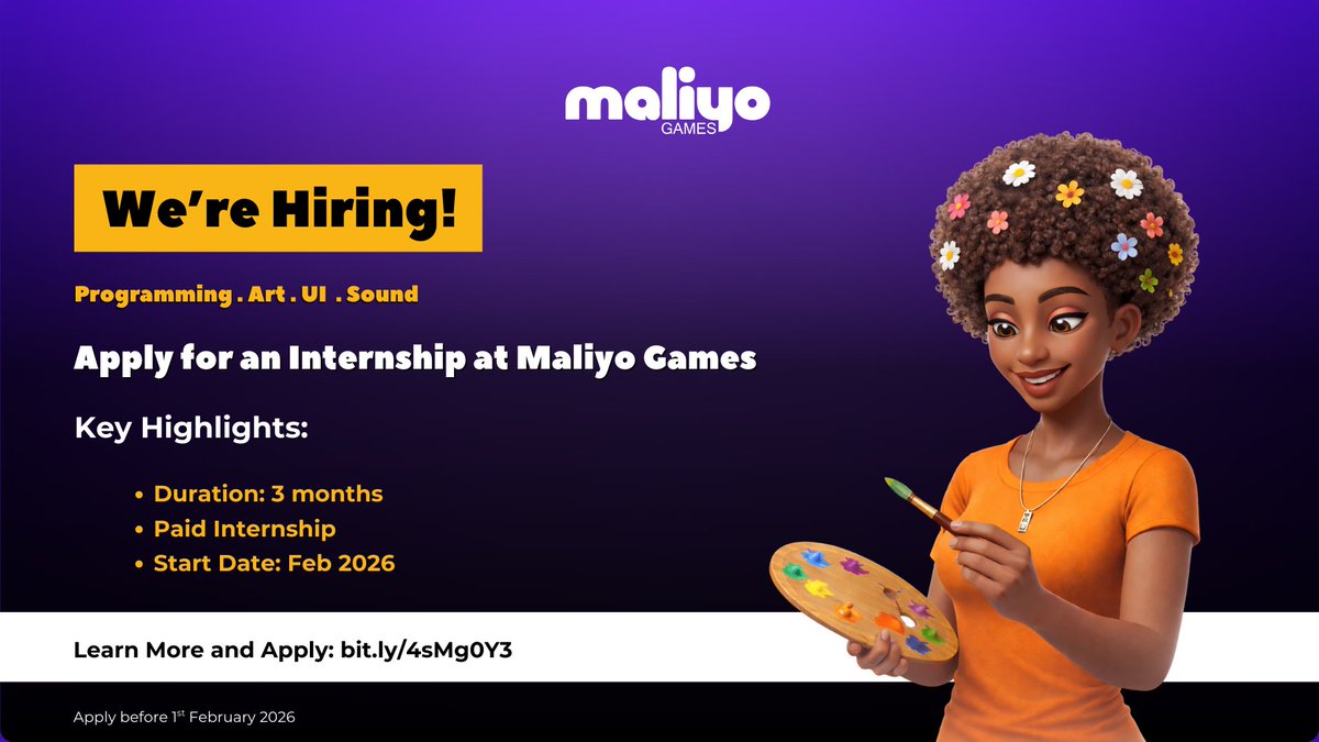 🎮 Maliyo Games is hiring interns!

Want to know what it’s like to work inside a real game studio? From Feb–May 2026, we’re inviting a select group of creatives to join our production team.

🌍 Format: Remote
🗓 Duration: Feb - April
⏰ Apply by Feb 1, 2026
