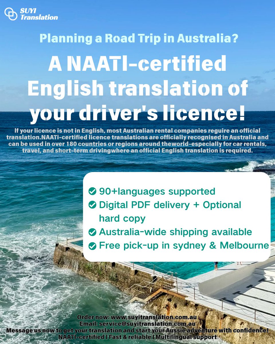 suyi_au's tweet photo. 🚗 Planning a road trip in Australia?

✅ NAATI-certified &amp; officially recognised in Australia

👉 Order now: https://t.co/u0mLH7ifw6

✨ #NAATI #NAATItranslation #SuyiTranslation #sydneylife #AustraliaRoadTrip #driverlicensetranslation #AustraliaRoadTrip 
#SuyiTranslation https://t.co/iTLL7ABk8T