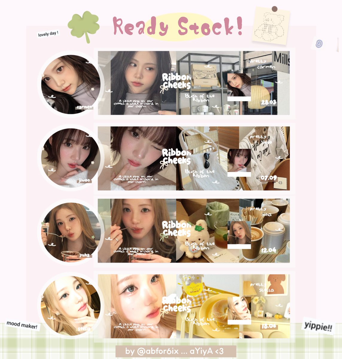 abfor6ix's tweet image. help retweet please? thank you! ♡

haiii, yiya punya layout ready stock h2h { carmen, jiwoo, yuha, stella, juun, a-na, ian, ye-on } yg bisa dibawa pulang dengan harga 10k/each! 🎀🤍 langsung dm atau chat di tele buat jemput, selamat jajan :3

avail resize wabis +3k #zonauang