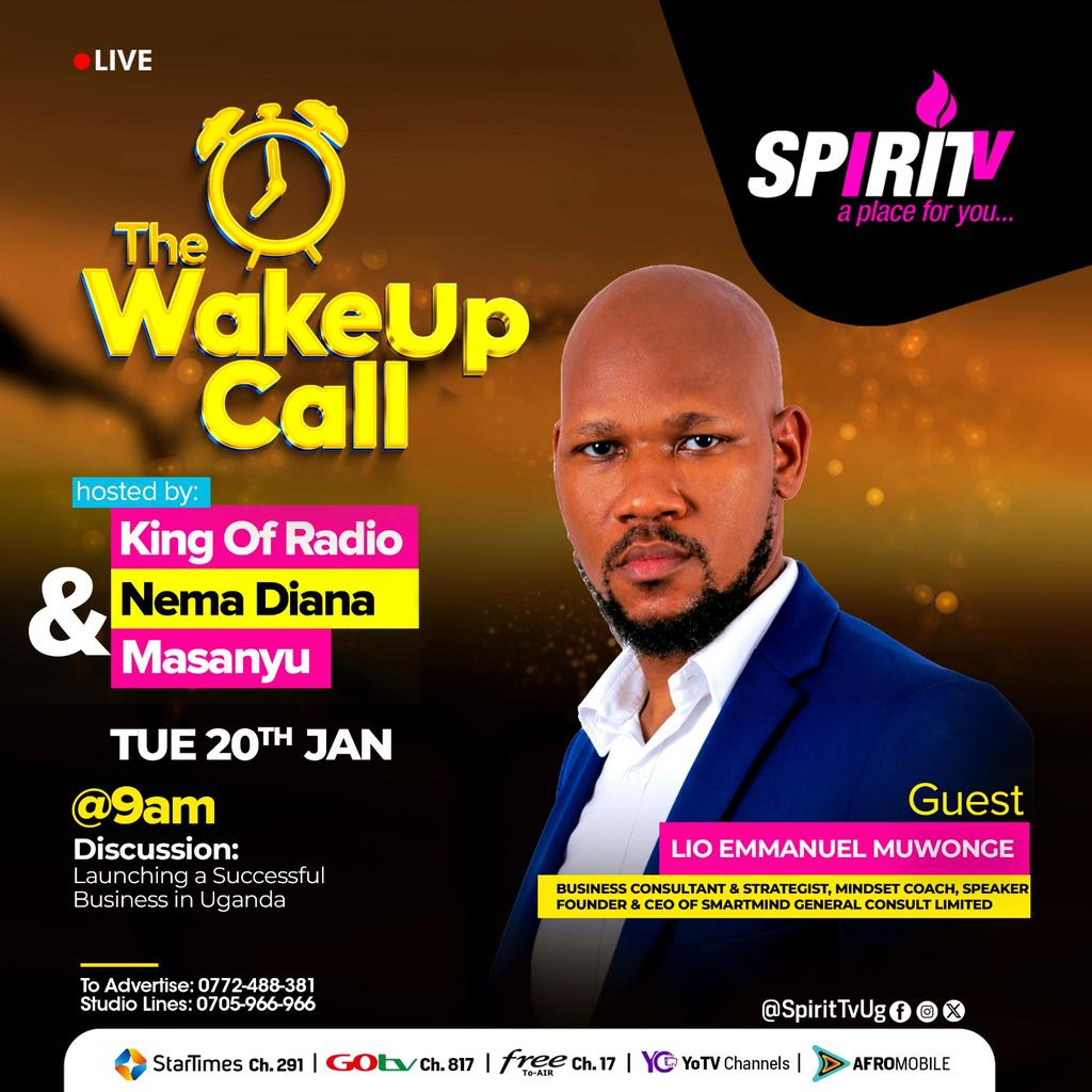 SmartmindGC's tweet photo. Hey Smartmind family,

We are excited to announce that our CEO  Lio Emmanuel Muwonge will be live on Spirit Tv &amp;  96.6 Spirit FM tomorrow morning at exactly 9:00am!.

Tune in as Lio shares game-changing insights on "Launching a Successful Business in Uganda". 
Catch you live! 👊. https://t.co/fS0vS3LYRP